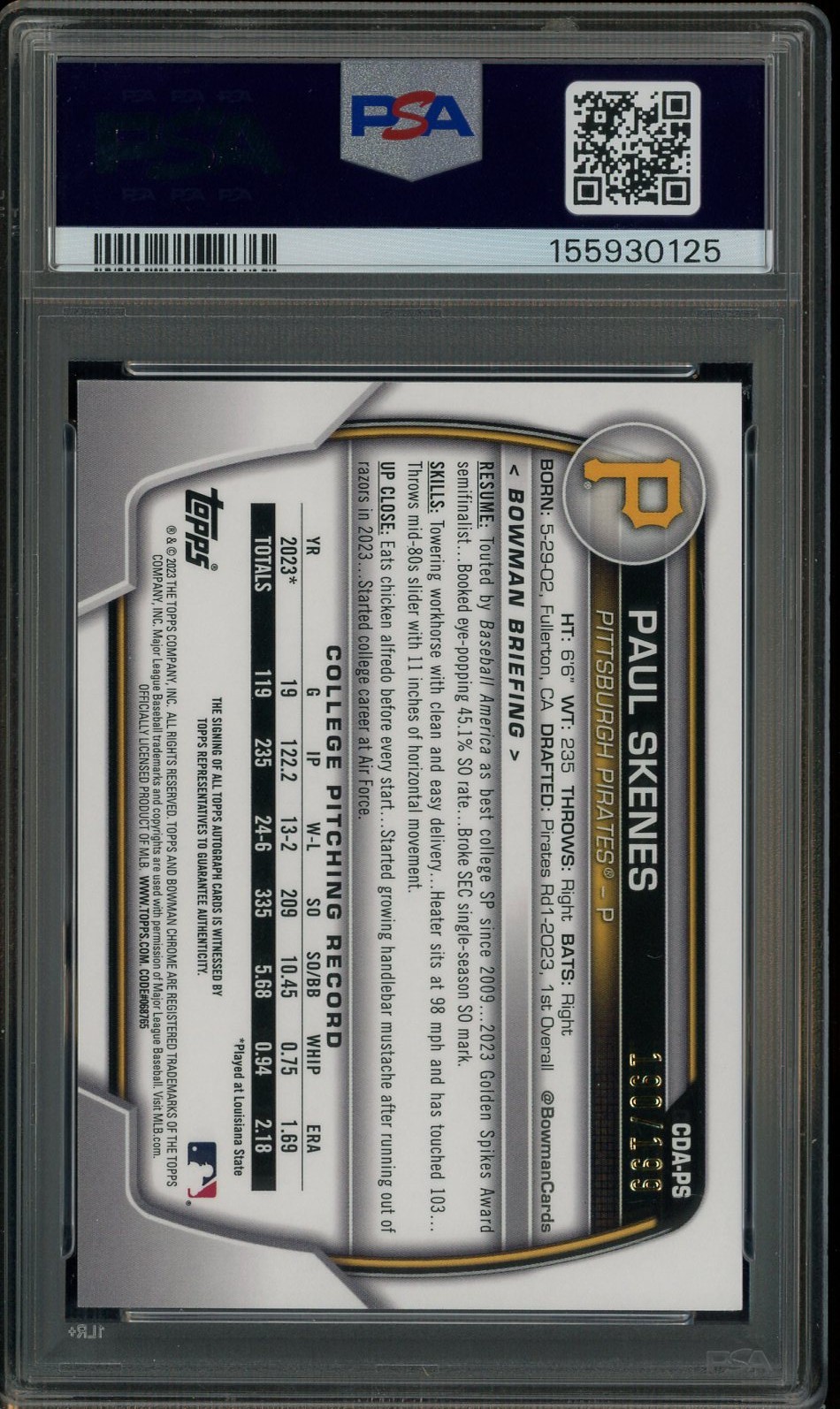 2023 Bowman Chrome Sapphire Paul Skenes RC Rookie ON CARD AUTO 190/199 PSA 9 view 3