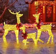 3 piece Lighted Christmas Deer Family Sculpture Gold/Red Outdoor Yard Decoration