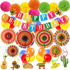 Fiesta Mexican Themed Happy Birthday Banner Paper Pompoms Mexico Fans Fiesta Dec