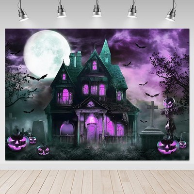 7x5ft Haunted House Backdrop Halloween Castle Night Pumpkin Terror Costume Pa...
