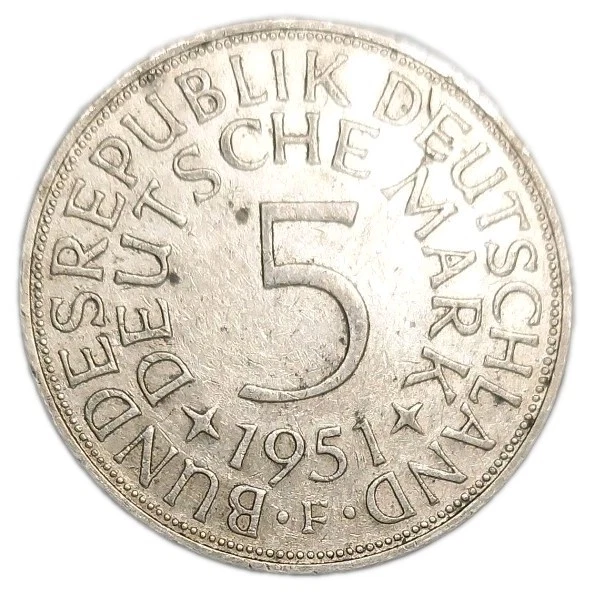 1951-F Germany Federal Republic 5 Mark Marks Silver Coin KM 112.1 Eagle - Image 2 of 2