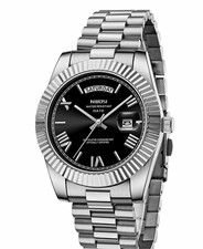 Nibosi Mens Quartz Day/Date Fluted Bezel Silv...