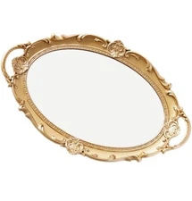 VALICLUD Vintage Mirror Tray Oval Retro Gold Mirror Tray Dresser Organizer dish