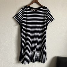 Womens L Dress Black White Stripe Short Sleeve Shift Stretch Pullover Chicos 2