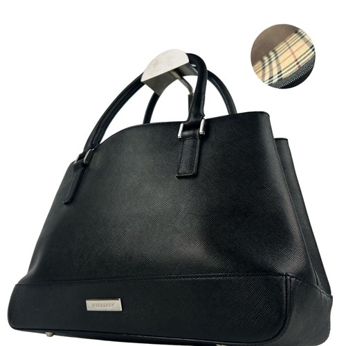 Burberry Black Saffiano Leather Nova Check Logo Tote Bag Authentic Women's