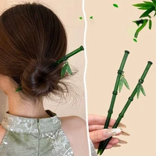 2pcs Chinese Style Hair Stick Green Bamboo Simple Chopstick Hairpin for Women