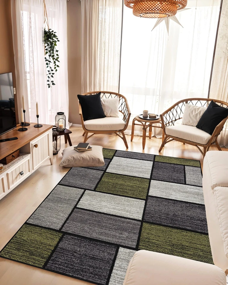Alfombra verde abstracta moderna alfombra geométrica para sala de estar Foto 4 de 4