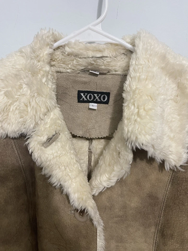 Chaqueta Sherpa de Cuero Genuino XOXO Para Mujer L Bronceado Imitación Piel de Oveja Forrada Abrigo Foto 2 de 4