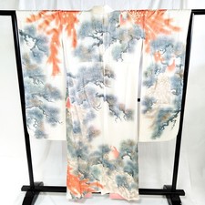 Vintage Japanese Furisode kimono Japanese pattern white Silk 3402661