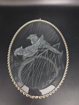 Vintage 1992 Oval Etched Birds Clear Glass Suncatcher Signed By Artist 9x6''