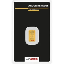 1 Gram Gold Argor Heraeus Bar 1 g .9999 Fine Gold - In Assay
