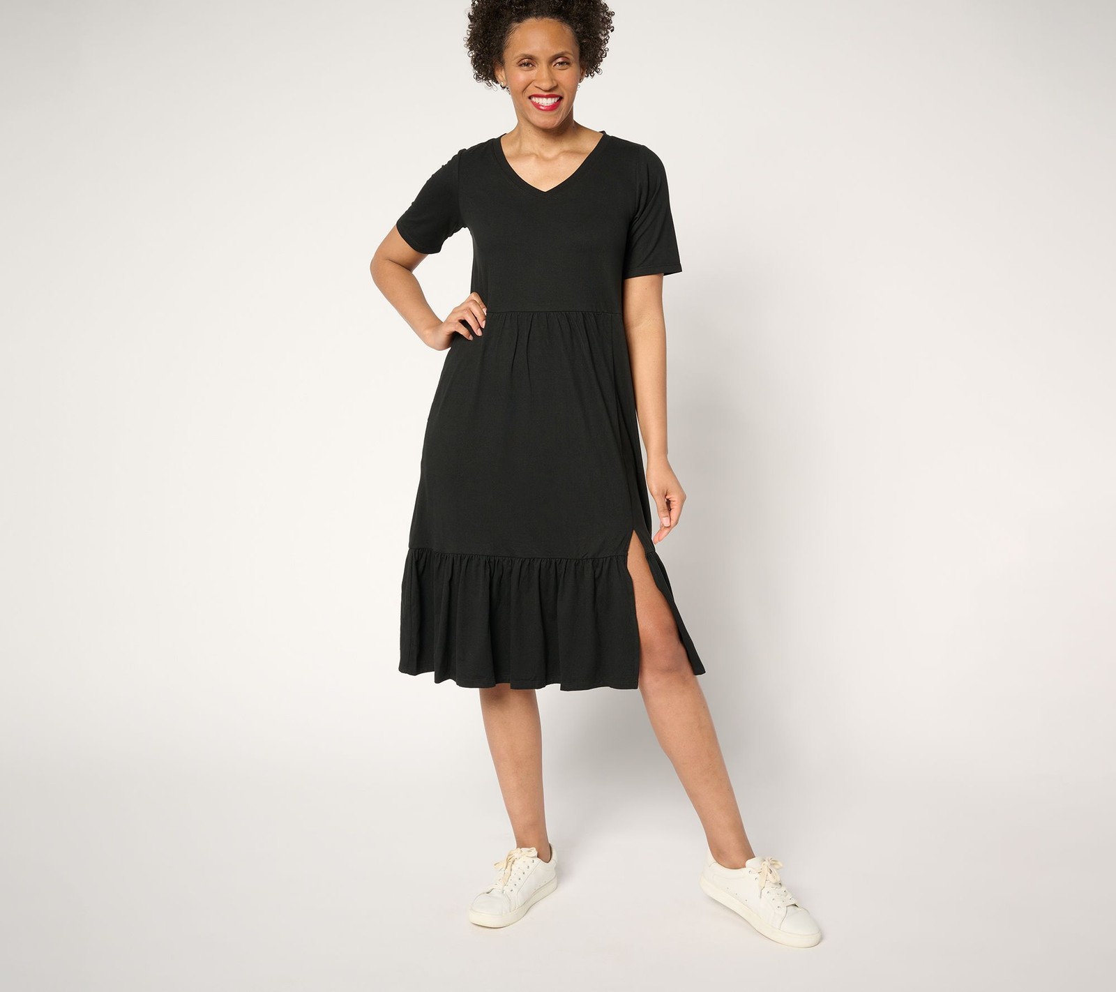 Cuddl Duds Women's Dress Sz S Flexwear Tiered v Midi Black A676560