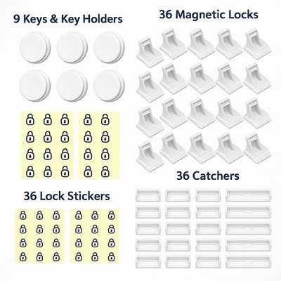 Pack of 36 Magnetic Cabinet Locks for Child Safety with 9 Keys, 3M Adhesive E...