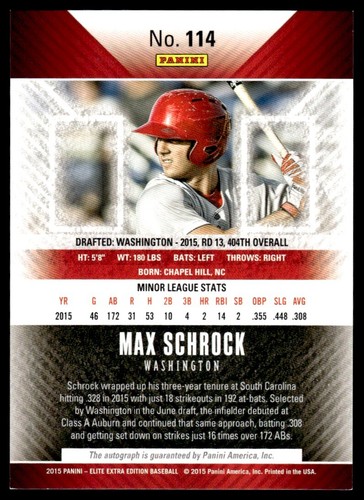 2015 Panini Elite Extra Edition Autographed Prospects Max Schrock Auto - Picture 2 of 2