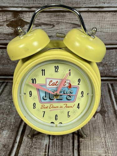 TWIN BELL Neon Alarm Clock Eat at Joe's Best Diner in Town Ravina Yellow
