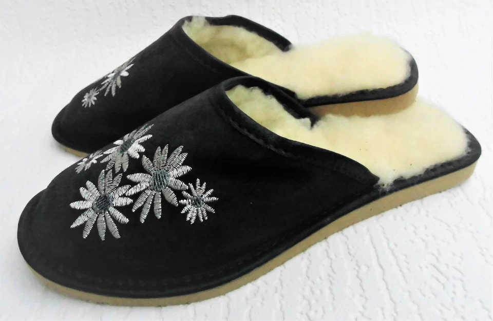 WARME Hausschuhe Pantolette Gr.35 Wild LEDER+Schurwolle+bequem Dunkel Blau - Bild 2 von 4