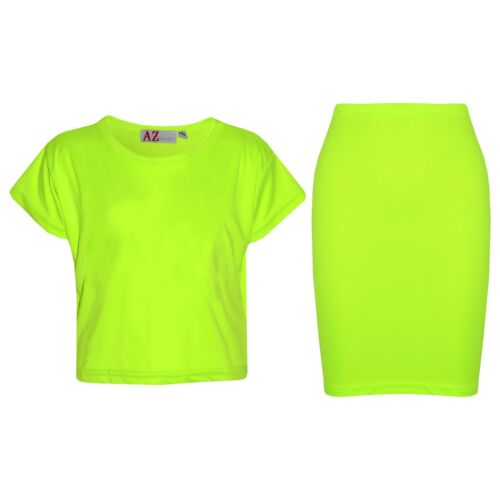 Kids Girls Plain Crop Top & Pencil Skirt Two Piece Outfit Sets Neon Green Dress - Picture 1 of 5