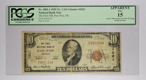 1929 $10 Paw Paw MI First National Bank PCGS 15