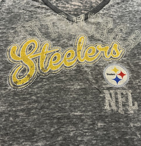 TOUCH BY ALYSSA MILANO PITTSBURGH STEELERS RHINESTONE THIN V-NECK TEE SHIRT SZ L - Picture 2 of 7