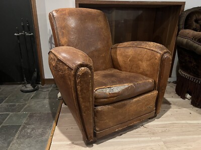 Antique 1930's French DISTRESSED Leather Club Chair | eBay
