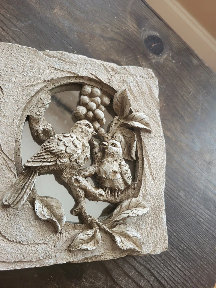 Set Of 2 Square Mirror with Birds Appx 7" Square Faux Stone Resin Wall Decor - Image 2 of 4