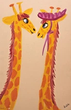 GIRAFFE COUPLE Rosalind Welcher signed original art c1960s-70s Panda Prints Inc
