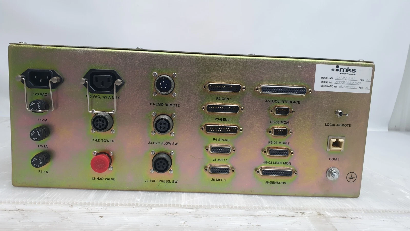 SA86281 rear panel: 120 VAC inlet, fuses, EMO remote, GEN 1/2, MFC 1/2, O3 monitor and COM 1 ports