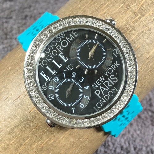 Elle Women Dual Time Travellers Pave Dual Time Rubber Quartz Analog Watch 7 1/4"