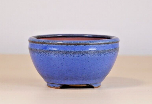 Japanese Bonsai Pot HEIAN KOZAN φ3.5"(9cm) Blue Glazed Round Y204 - Picture 2 of 11