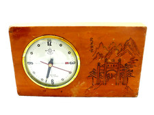 Vintage Helm Brand Chinese Wooden Alarm Clock Carved Landscape Wind-Up 1960s