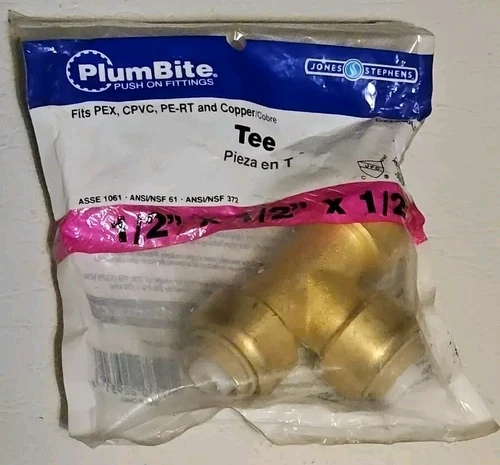 Jones Stephens C77440LF 1/2" PlumBite Push On Tee Brass: Pex CPVC PE-RT Copper - Picture 2 of 4