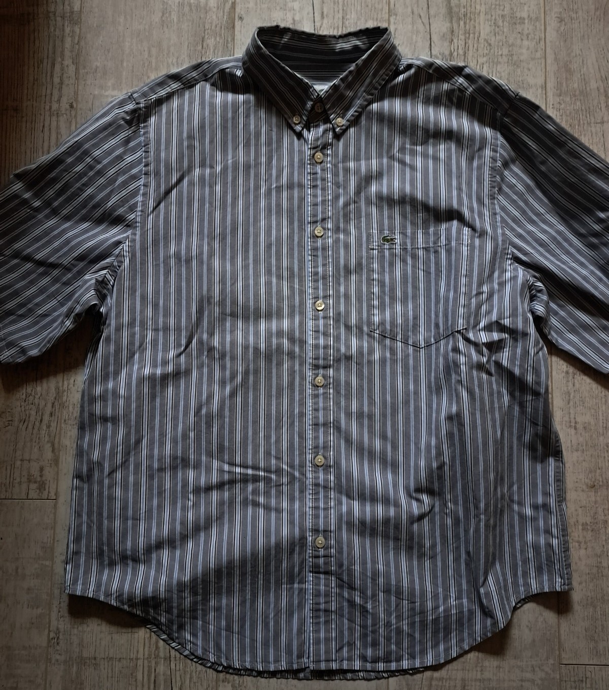 LACOSTE Men's SHORT Sleeved Shirt Size 43 XL Blue PIN STRIPED Embroidered LOGO image 4