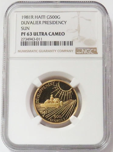 1981 R GOLD 10 MINTED HAITI 500 GOURDES DUVALIER PRESIDENCY SUN NGC PROOF 63 UC