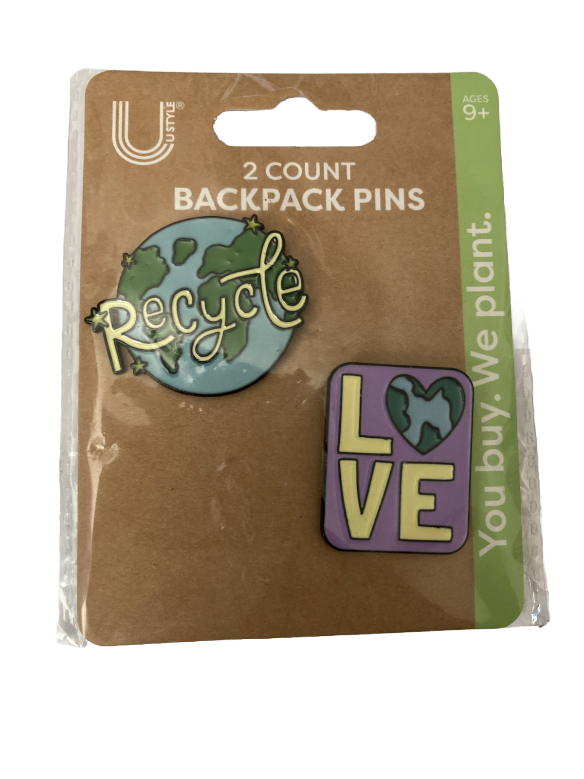 Two Count Backpack Pins “Recycle” & “Love” By U Style Ages 9+ 2023
