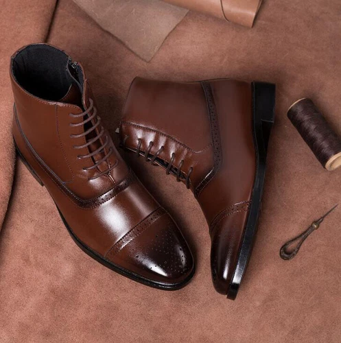 New Men Dress Formal Boots Chelsea Boots Boot Leather Wingtip High Top Shoes UK - Picture 5 of 25