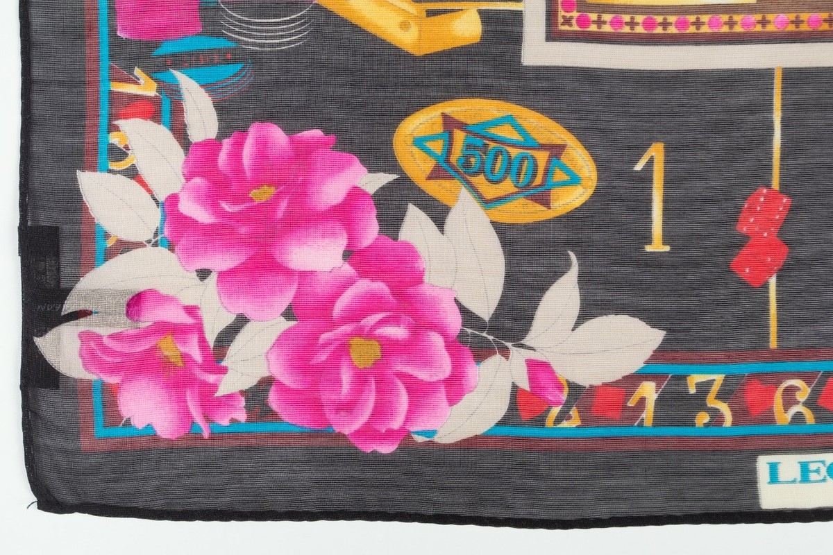Foulard Carré (Gavroche) Authentique LEONARD En Soie 100% - Motif Floral Multicolore Vintage, Occasion Bon état
