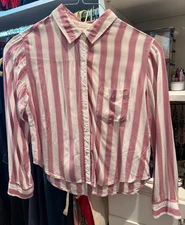 Rails Dana Bali Stripe Button Up Blouse Dusty Rose/white long sleeve Top Size M