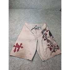 Affliction Mens Board Shorts Skeleton Roses Cross Graphic Tan Size XL