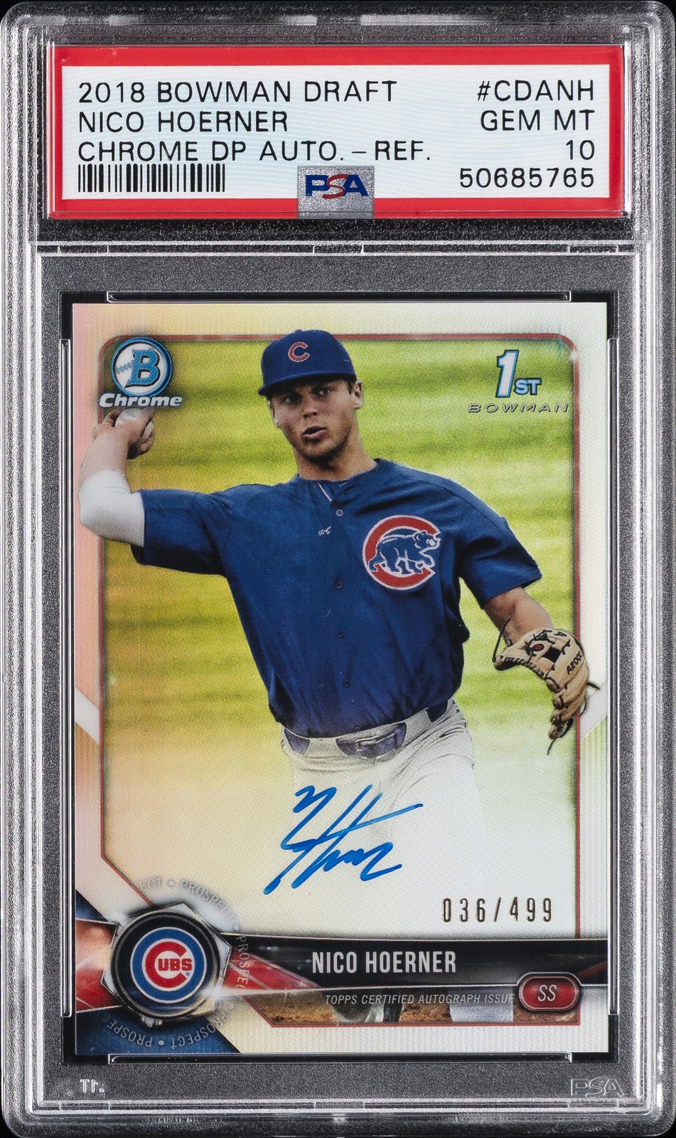 2018 BOWMAN DRAFT CHROME DRAFT PICKS AUTOS #CDANH NICO HOERNER #/499 PSA 10 AUTO