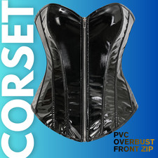 Victorian Black PVC Overbust Corsets Steel Boned Waist Trainer Hourglass Shaper