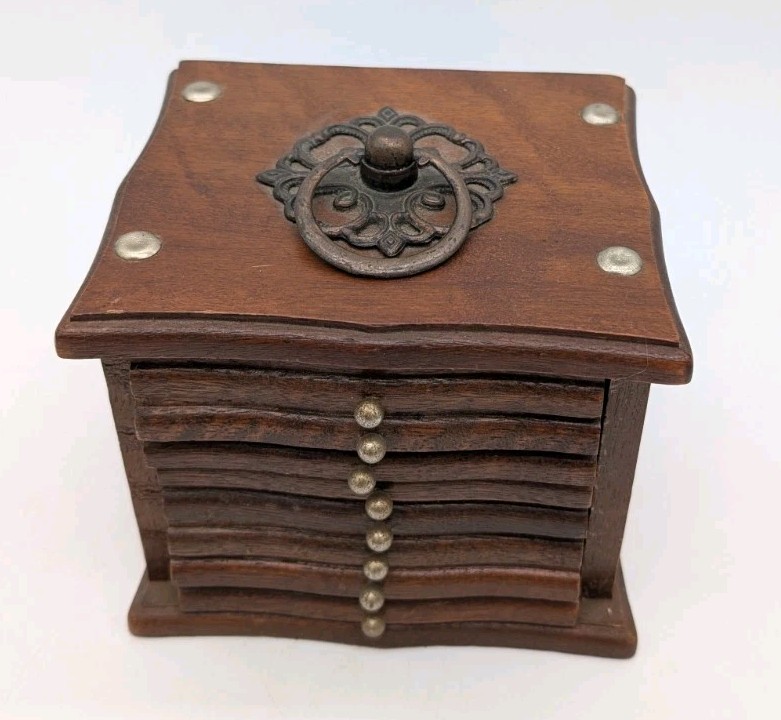 Vintage Set of 8 Wood & Cork Coasters w/ Wooden Box Holder With Handle Top