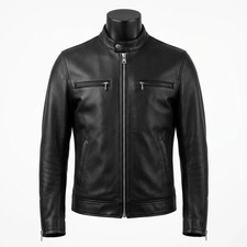 Men's Black Genuine Lambskin Leather Cafe Racer Moto Biker Jacket Zip Up Coat