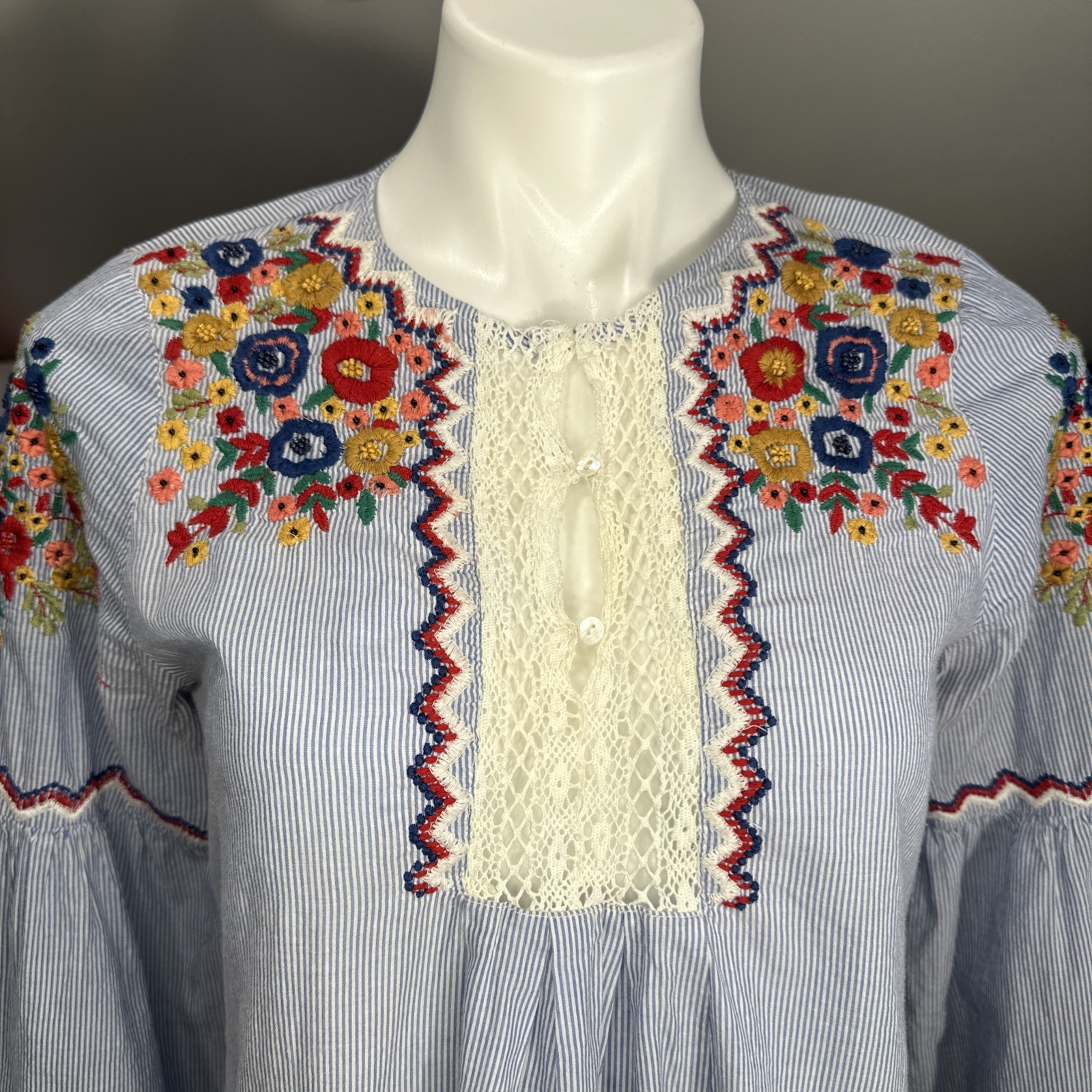 Zara Basic Medium Blue Striped  Floral Embroidere… - image 2