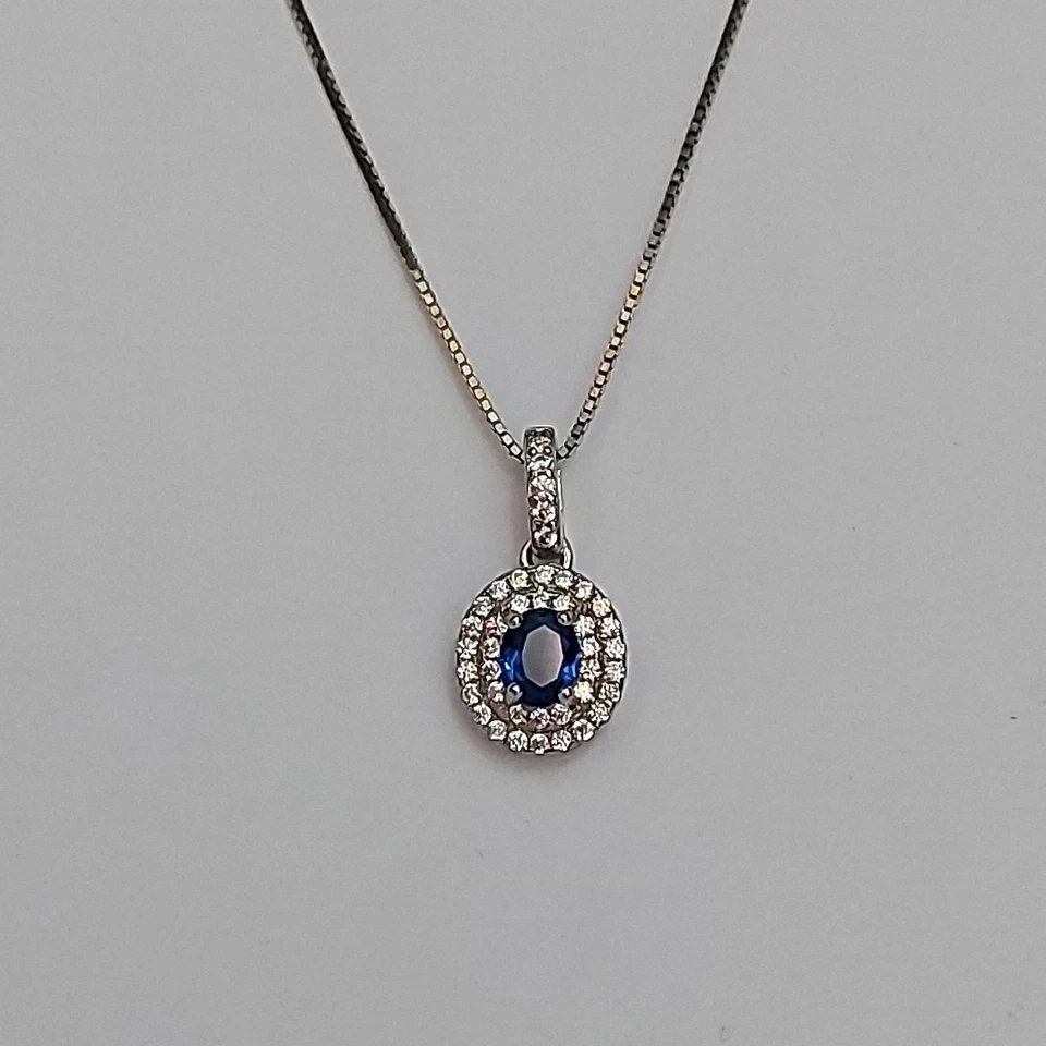 collana donna argento 925 pendente  ciondolo  gioiello Kate  zircone blu zaffiro - Immagine 2 di 4
