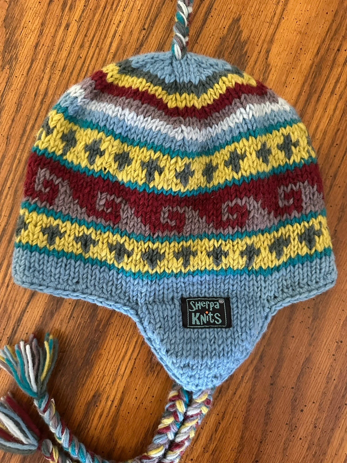 Sherpa Knits 100% Wool Hat Handmade In Nepal Multi Color Ear Flaps Fleece Lining