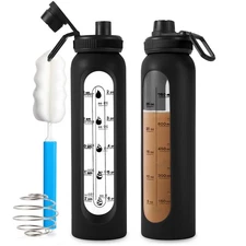 Glass Shaker Bottle 34oz/1L Black Glass Protein Shaker Bottle With Shaker Bal...