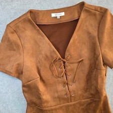 Lucy Paris Womens Faux Suede Lace Up V-Neck Mini Dress Brown Size Medium Boho
