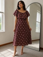 Old Navy Polka Dot Flutter Sleeve Smocked Square Neck Midi Dress M Brown/White