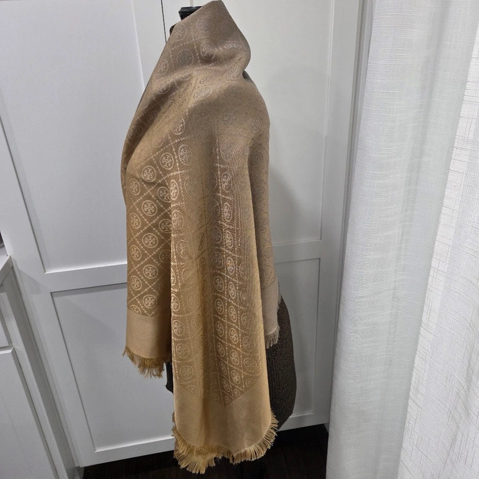Tory Burch T Monograma Viajero Bufanda Jaquared Tejido Logo Pestañas Borde Seda Lana Foto 4 de 4