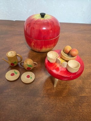 Vintage Shackman Japan Wooden APPLE Mini Tea Set Table Dollhouse Table Toy RARE
